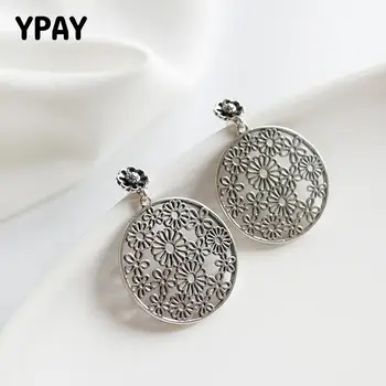 

YPAY Genuine 925 Sterling Silver Brinco Earring Do the Old Stylish Hollow Retro Flower Drop Earrings for Women Jewelry YME137