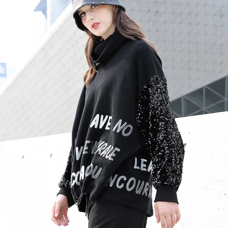 Max LuLu, корейская мода, женская зимняя одежда в стиле панк, женские толстовки с высоким воротом и принтом, повседневные женские черные толстовки с блестками