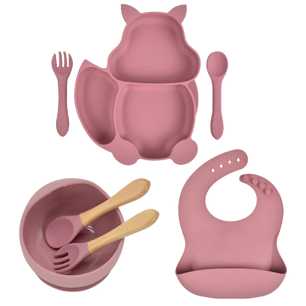 7 unids/set bebé placa tazón cuchara babero conjunto de grado de alimentos utensilios de cocina de silicona succión niños vajilla de silicona compartimento platos