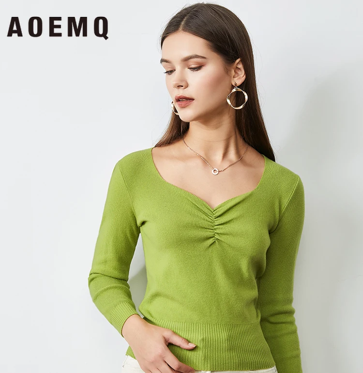 

AOEMQ Fashion Sweaters 4 Colors Solid Thin Slim Sweater Square Collar Cotton Sweaters Tops Christmas Present Women Clothing