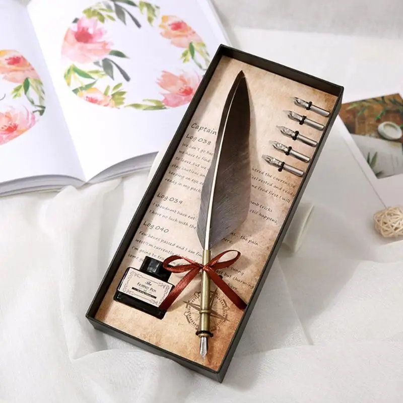 

Retro Calligraphy Quill Feather Dip Pen Writing Ink Set Fountain Pens Stationery Gift Box Wedding Birthday Gifts Party Favors