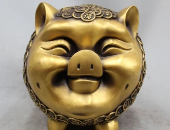

9"Chinese fengshui bronze brass zodiac pig animal beast wealth Piggy bank statue