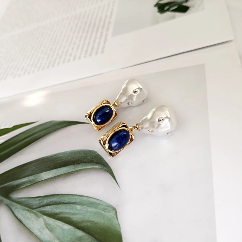Peri'sBox серьги-капли из искусственного жемчуга встроенный лазурит Квадратные золотые серьги Украшенные маленькими стразами Висячие серьги для женщин