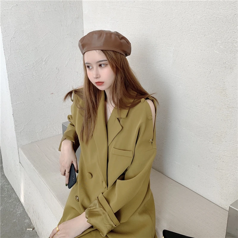 Fall 2020 fashion strapless bag buckle solid color loose long-sleeved blazer mid-length female