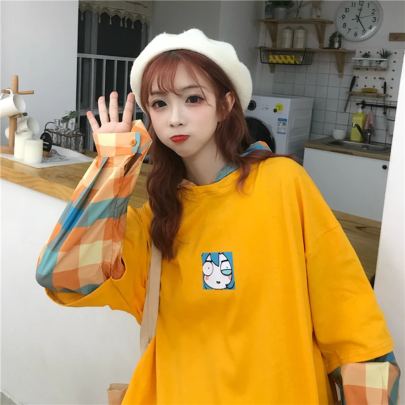 Милый каваи мода Harajuku зима поддельные два женские худи Толстовка с капюшоном индивидуальная Повседневная Свободная Женская одежда с длинными рукавами