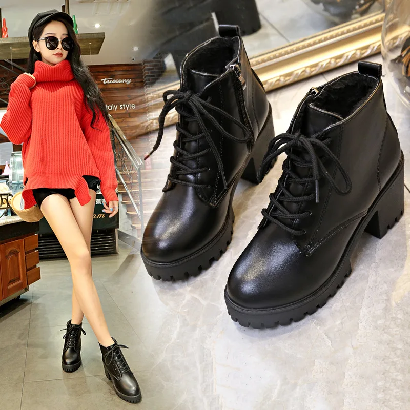 

2018 Autumn And Winter New Style Lace-up Retro Martin Boots Women's Thick Bottomed Chunky-Heel Short Boots British Style Semi-hi