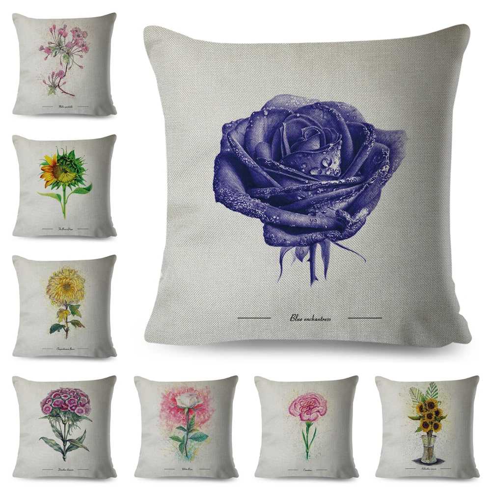 

Watercolor Flower Cushion Cover for Sofa Home Car Nordic Linen Decor Plant Colorful Floral Print Pillowcase 45x45cm Pillow Case