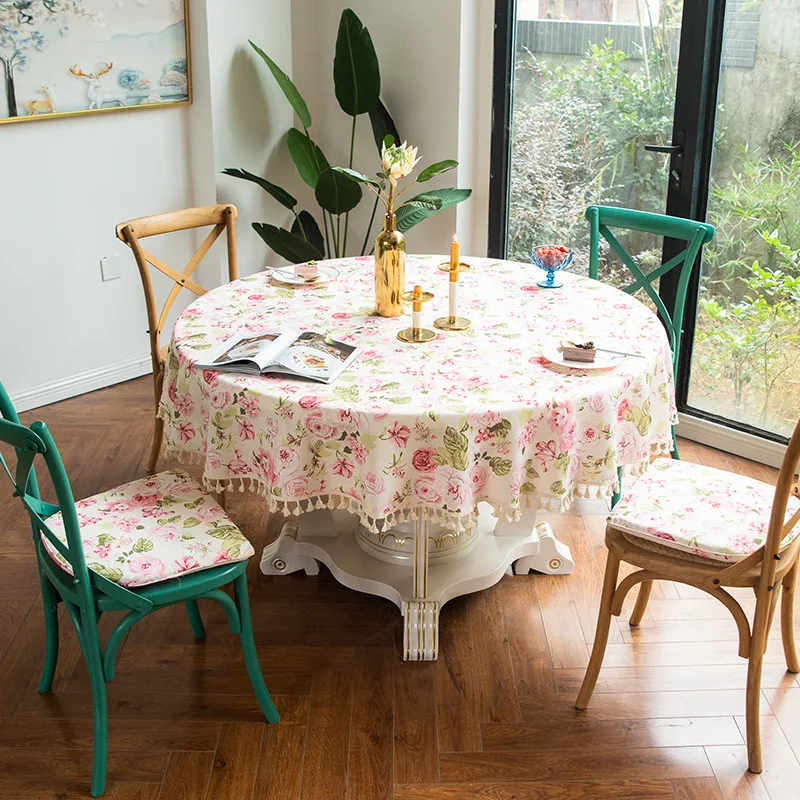 

Round Tassels Tablecloth Waterproof Oilproof Tablecloth Flowers Grid Table Covers Decor Hotel Restaurant Dining Room Tablecloth