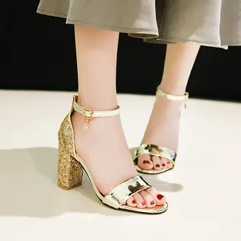 

Summer Women Open Toe Sandals Fashion Bling Square High Heel Women Sandals PU Leather Ladies Buckle Shoes Gold Silver
