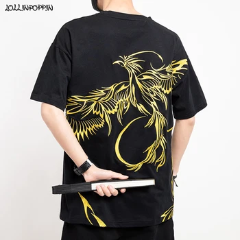 

2020 Summer Men Phoenix Embroidery T-Shirt O-Neck Mens Short Sleeve Cotton Tee Shirt Chinese Style Man Summer Tops