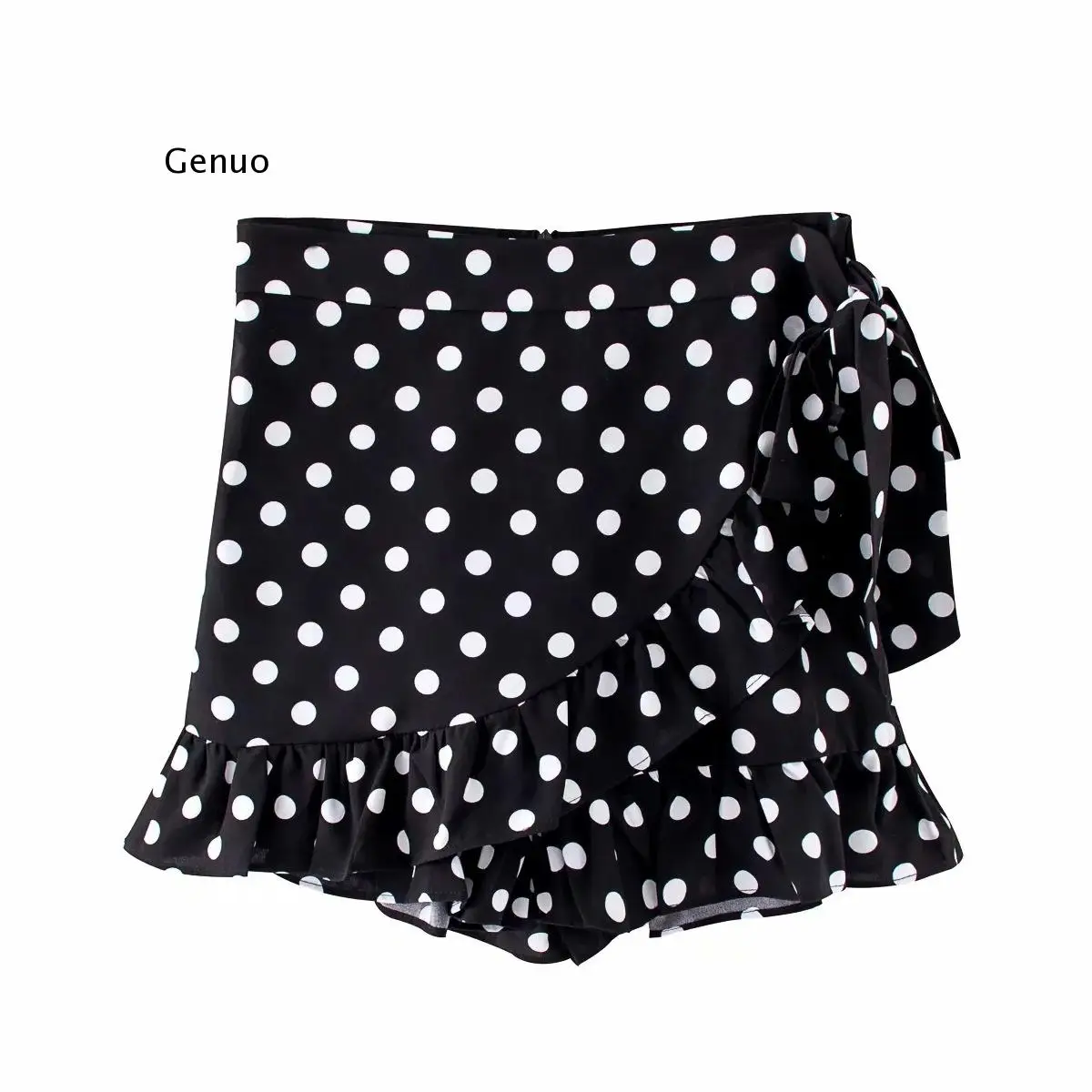 

New Women fashion polka dot printing hem pleated ruffles mini skirt faldas mujer ladies back zipper lace up culottes