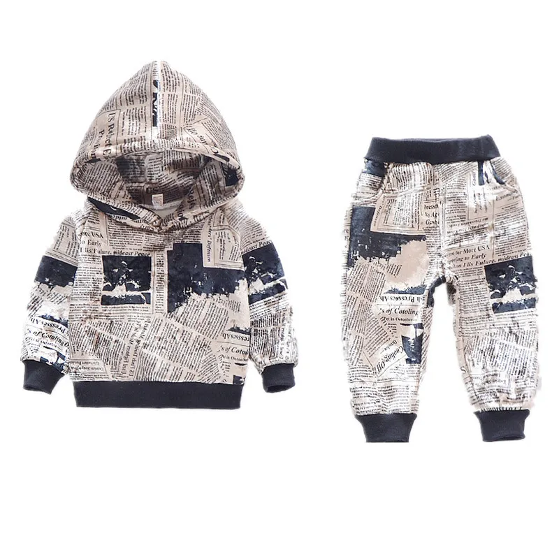 

2020 autum winter new Korean version of children's hooded printed newspaper one-piece velvet two-piece suit