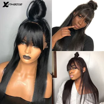 

150 Density Straight 13x6 Lace Front Human Hair Wigs With Bangs For Black Women Brazilian Remy 360 Lace Frontal Wig With Bangs