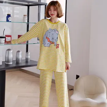 

Striped Dumbo Pajamas Women's Cotton Long Sleeve Suit Korean Lazy Wind Loose Loose Wear Outerwear Cotton Pajamas Loungewear