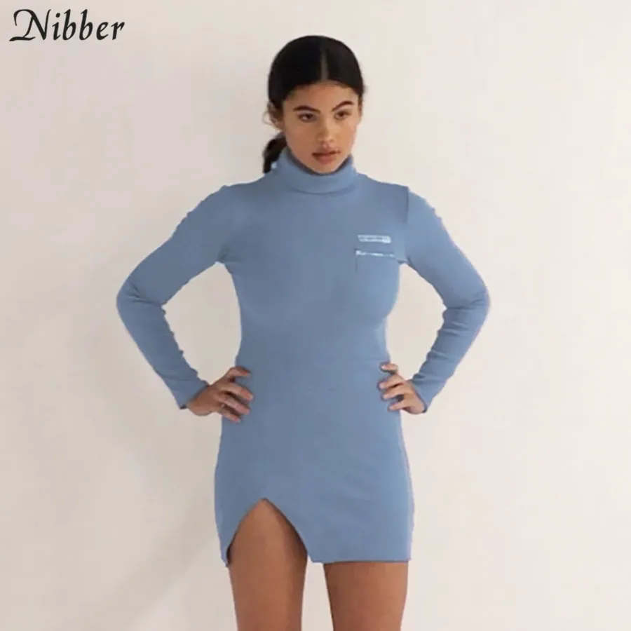 Nibber осень Харадзюку утолщаются вязать bodycon платье офис Водолазка с длинным рукавом Мини платья Mujer Осень Зима Повседневное платье