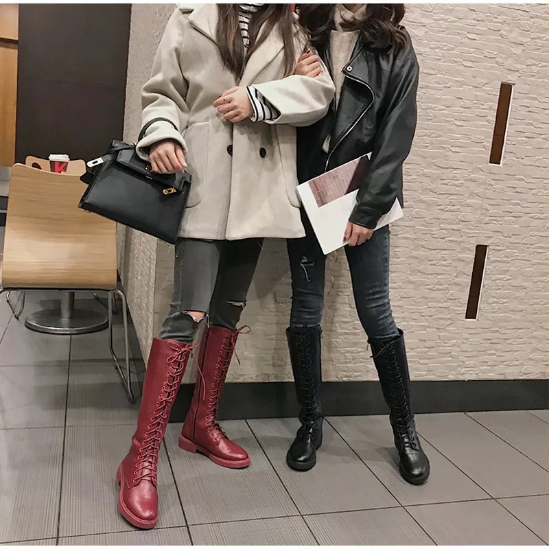 Autumn New Women Mid Calf Boots Low Heel Ladies Lace Up Cross Tied Round Toe Platform Motorcycle Long Boots Female Fashion Shoes