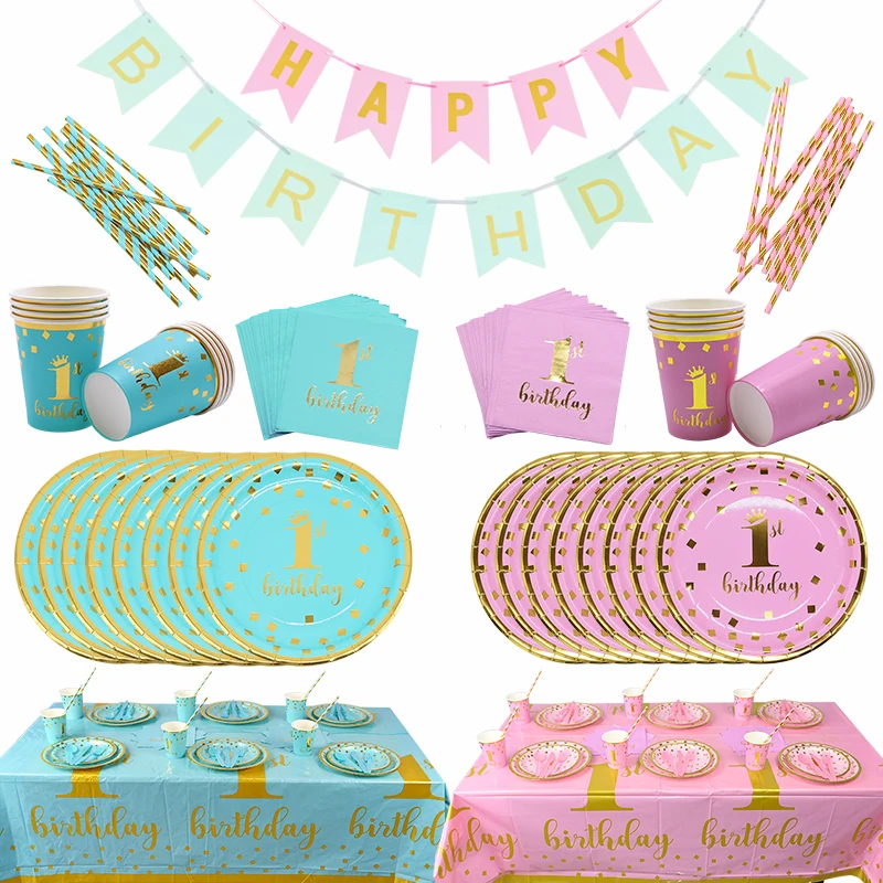 Boy Girl 1st Birthday Party Decor Disposable Tableware Kit Blue Pink Plate Cups Napkins Baby Shower Kids Birthday Party Supplies