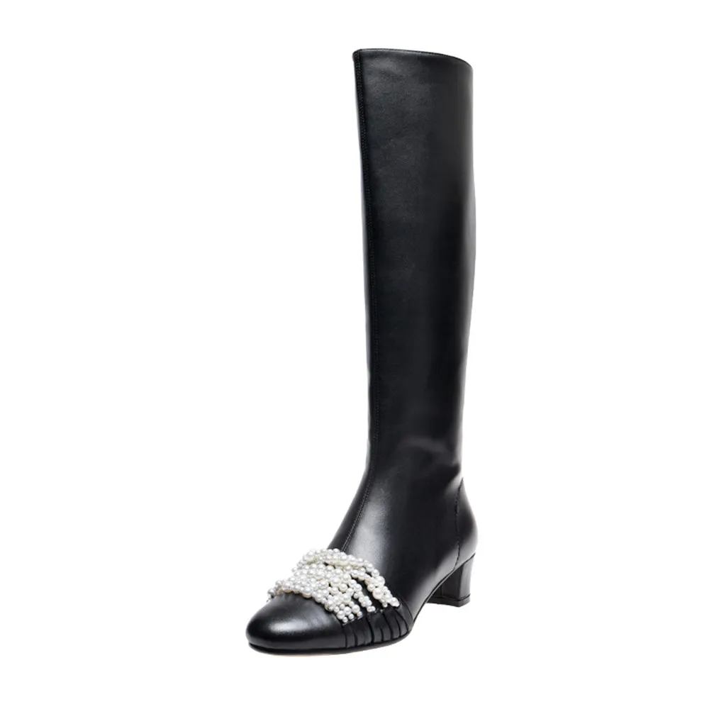 Женская зимняя обувь черного цвета на среднем каблуке 4 см с круглым носком Модные Зимние ботфорты на молнии с жемчугом; XL15 muyisxi