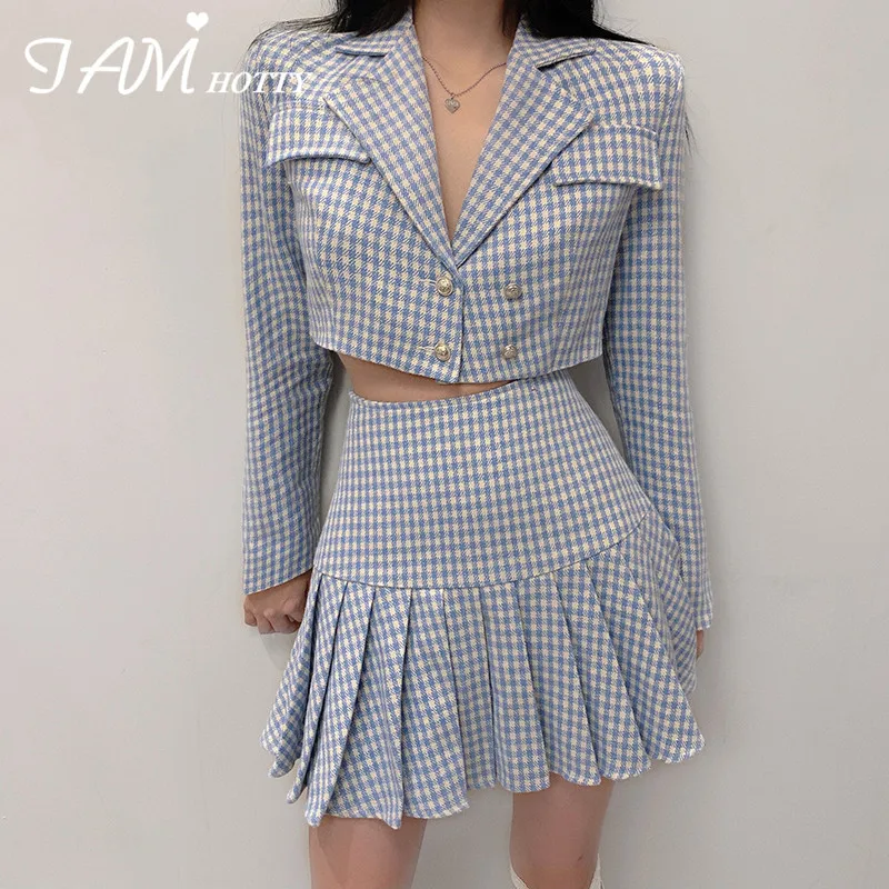 IAMHOTTY Fashion Elegant Women Suits Office Sets Pleated Skirt Casual Uniform Korean Mini And Blazer Suit | Женская одежда
