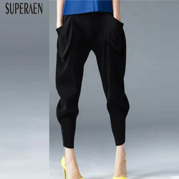 

SuperAen 2020 Casual Ankle Lenth Pants Women Europe Spring and Summer Wild New Ladies Pants Solid Color Cotton Women Pants