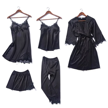 

Sexy 5PC Pajamas Kimono Robe Womens Strap Top Pants Suit Sleepwear Sets Summer Female Home Wear Nightwear Bath Gown Bathrobe