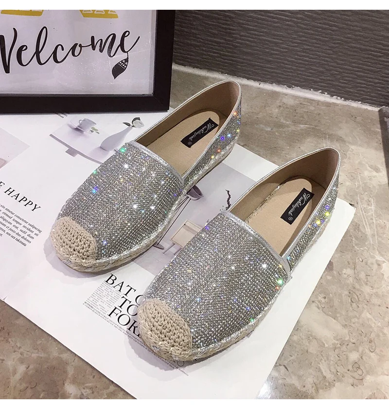 Fashion Hemp Loafers Women Espadrilles Flats Shoes Sewing Rhinestone Round Toe Ladies Casual Moccasins Slip On Brand Style New