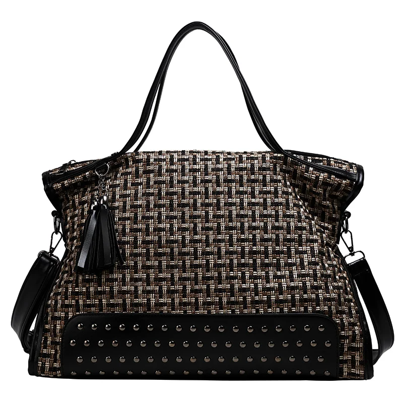 Yasicaidi Большая вместительная женская сумка на плечо с заклепками, женские сумки через плечо, кожаные сумки с кисточками на молнии, повседневная сумка-тоут, женские ручные сумки - Цвет: Black