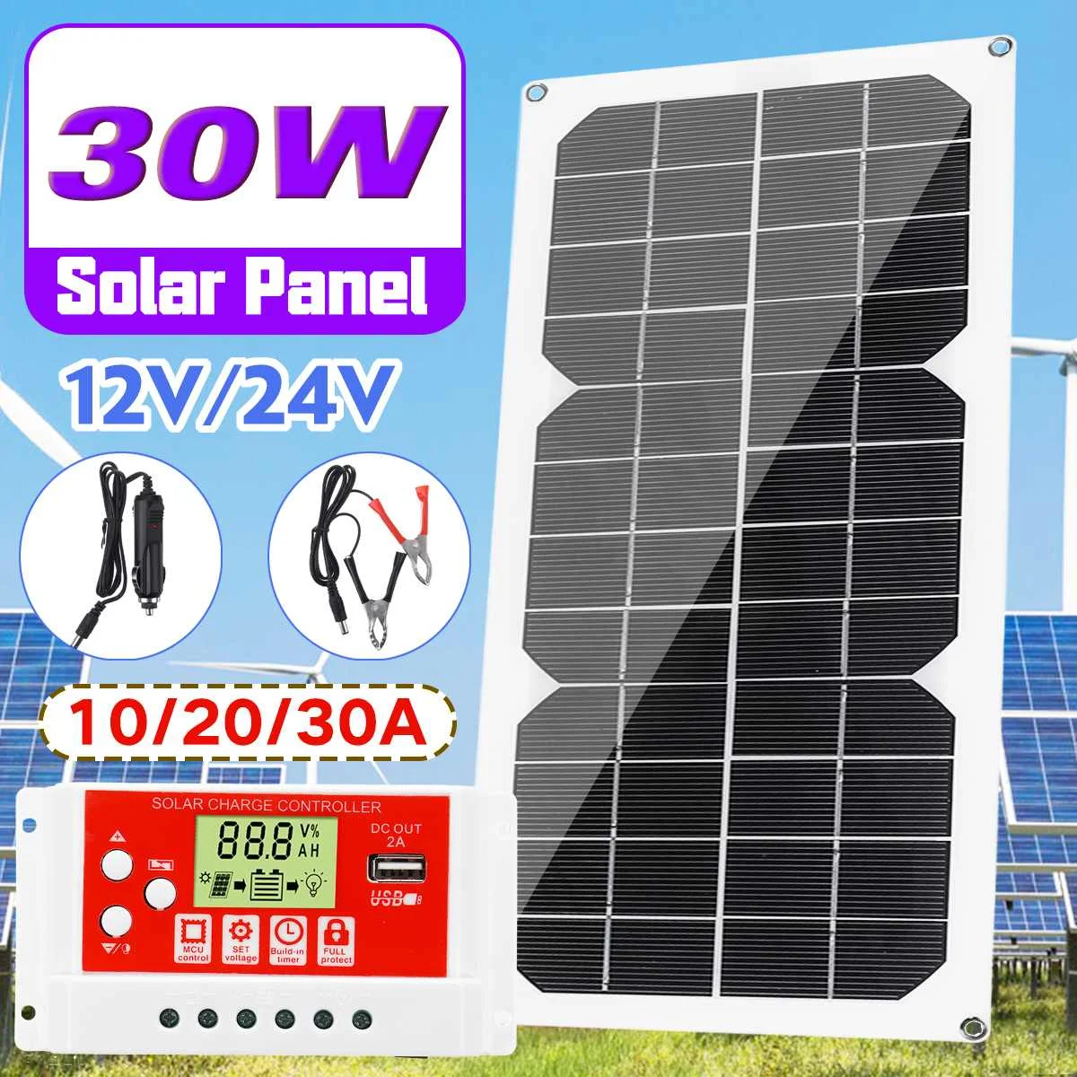 

12V/24V Solar Panel 30W Dual USB Power Bank Board with Car Charger 10/20/30A USB Solar Charger Controller for Outdoor Camping