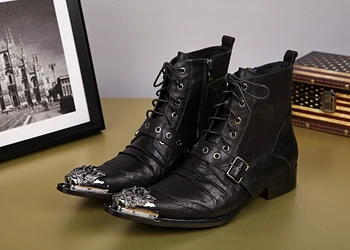 

Luxury Metal Pointed Toe Genuine Leather Men Boots Western Cowboy Ankle Boots Mens Fashion Chelsea Boots Plus Size 37-46