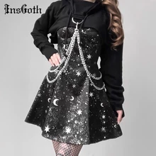 

Gothic Dark Print Elegant Dress Goth Pleated Spaghetti Strap Black Dresses Iron Chain Hoodie Long Sleeve Tops Punk 2 Piece Sets