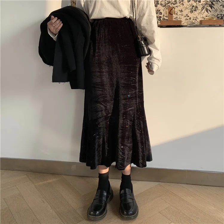 

Star Sequin Black And White with Pattern Velvet Skirt Women's Spring And Autumn Korean-style High-waisted Slimming Retro Online