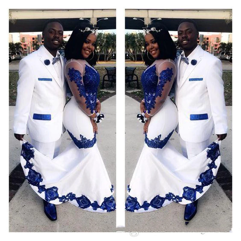 Новые белые атласные королевские синие кружева Aso Ebi африканские платья для выпускного вечера Длинные иллюзионные рукава аппликация вечерние платья Пышное Платье
