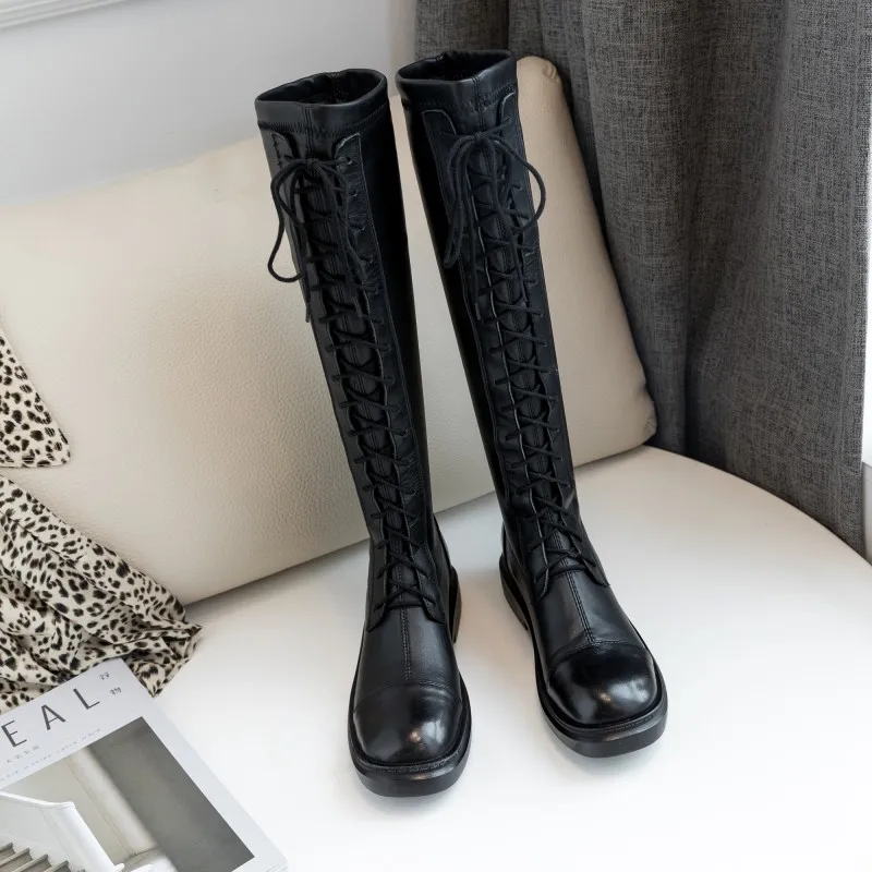 Prova Perfetto Winter Black Fashion Women Martin Knee-high Boots Cow Leather Flat Long Boots Women Hand-made Leather Boots