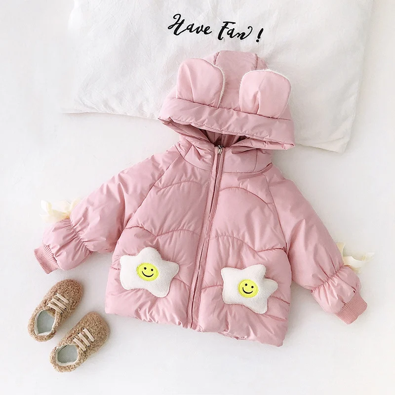Pink Зимние парки из плотного бархата для девочек; пальто принцессы с цветочным принтом; теплая верхняя одежда с длинными рукавами и капюшоном и бантом для маленьких детей; Casacos; S10269 - Цвет: Pink