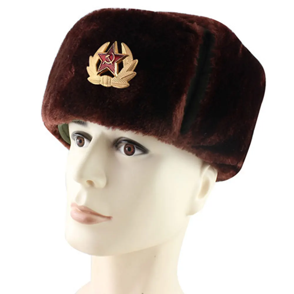 

Hat Russian Army Military Hats Pilot Police Polyester Hat Winter Men Snow Cap with Earmuffs 55-60 cm Winter Hats for Men