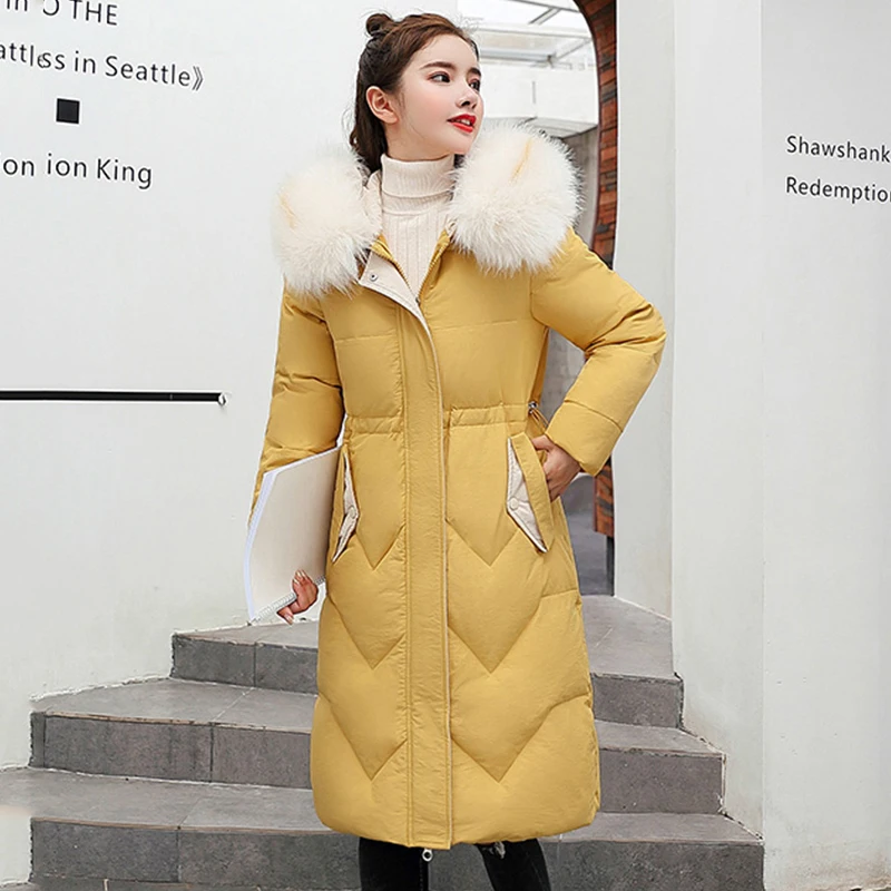 Women's winter down jacket plus size slim long womens coats Korean style solid hooded with fur collar thick female parkas | Женская
