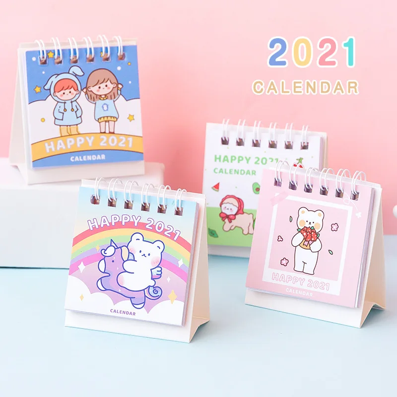 Mini Calendario de papel de escritorio de oso de dibujos animados, planificador diario Dual, Agenda anual, organizador de escritorio Kawaii, 2021