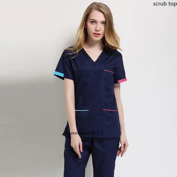 

Women Fashion Scrub Tops V Neck Short Sleeve Work Uniforms Color-blocking Cotton Scrub Costume Hospital Workwear Vet Uniforms