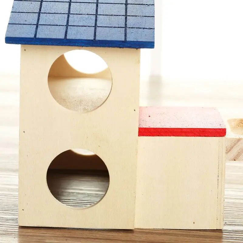 Best selling hamster blue roof double layer villa wooden pet toy wooden nest square slide environmental 3