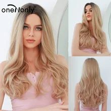 oneNonly Long Natural Wave Synthetic Wigs Ombre Black Blonde Wigs for Women Cosplay Natural Middle Part Hair Wig
