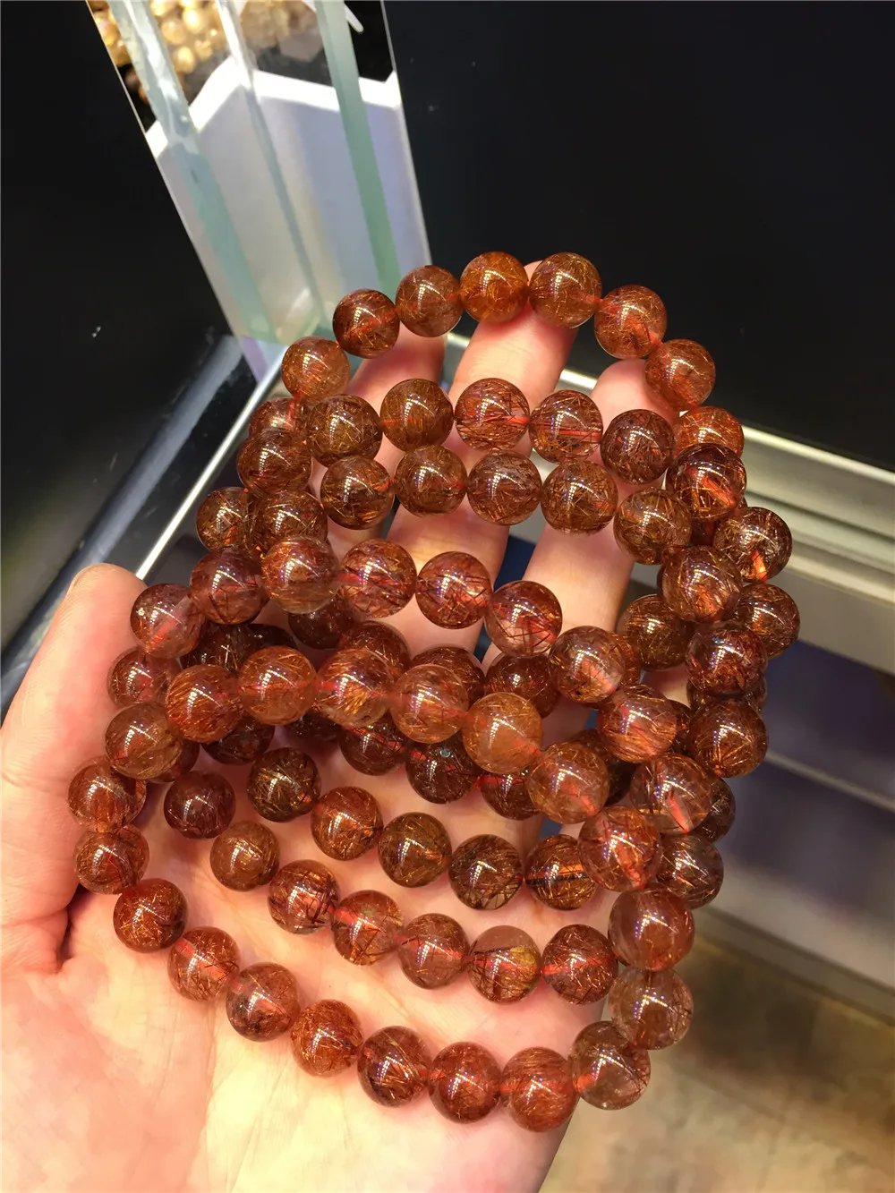 AAAAA 13mm 14mm 15mm Natural Copper Rutilated Quartz Crystal Bracelet Round Beads Fashion Gemstone For Woman Lady Bracelet