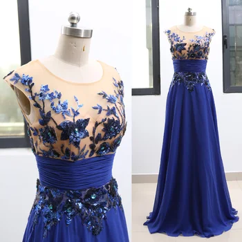 

MACloth Blue A-Line O Neck Floor-Length Long Beading Tulle Prom Dresses Dress S 264640 Clearance
