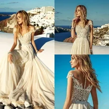 2021 New Summer Light Champagne Wedding Dresses Boho Beach Chiffon Lace A Line Appliques Long Bridal Gowns Robe