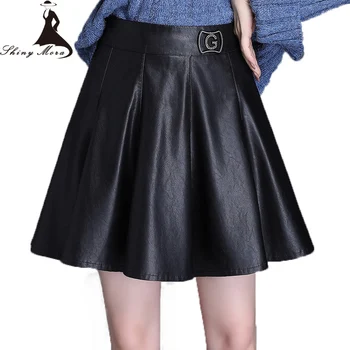 

SHINYMORA 2019 PU Leather Skirt Women High Wast Plus Size A Line Skirt Anti-light Casual Pleated Skirt Streetwear Short Skirt