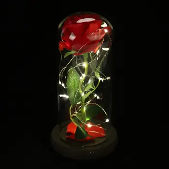 

Medium Beauty And The Beast Red Rose In Glass Dome On A Wooden Base For Valentine's Gifts Forever LED Rose Light Lamps Christmas