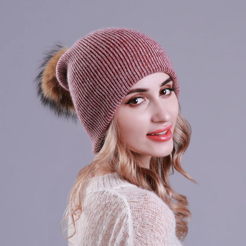

Women Slouchy Hat Winter Knit Beanie Scarf Two Function Wool Raccoon Fur Pompom Headwear Outdoor Skiing Snow Accessory Teenagers