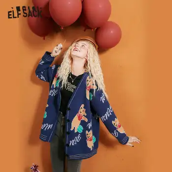 

ELFSACK Blue Cartoon Jacquard Knit Casual Women Cardigans,2020 Autumn ELF White Chic Button Korean Ladies,Basic Daily Cute Top