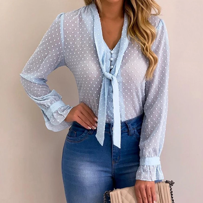 Womens Tops And Blouses Fashion Button Tie Polka Dot Long Sleeve Shirt Sexy See Through Top Women Transparent |