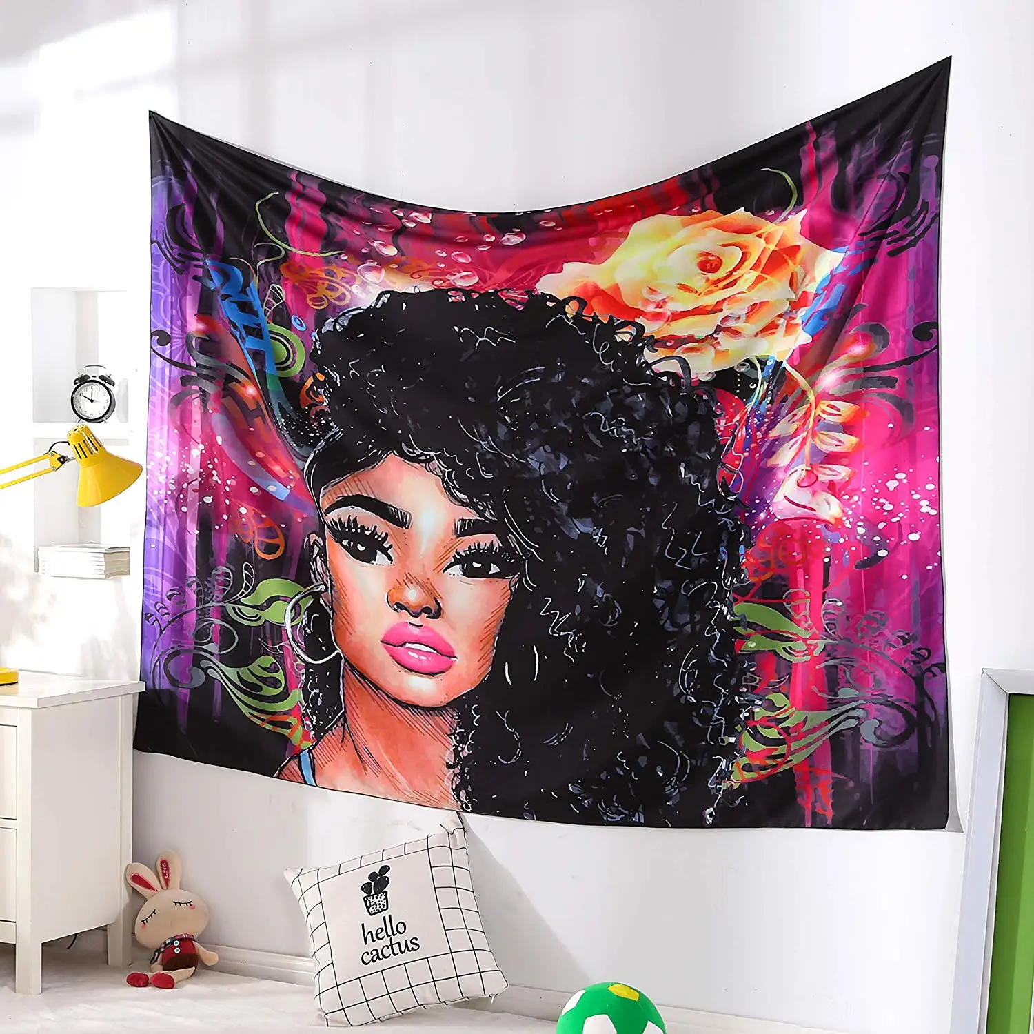 

African American Black Girl Colourful Print Wall Hanging Tapestries Indian Polyester Picnic Bedsheet Afro Wall Art