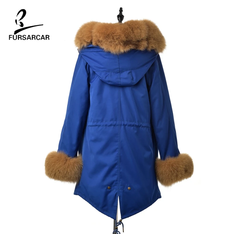 FURSARCAR новая синяя зимняя утепленная парка для женщин модный роскошный Съемный натуральный Лисий меховой воротник с капюшоном куртки и пальто